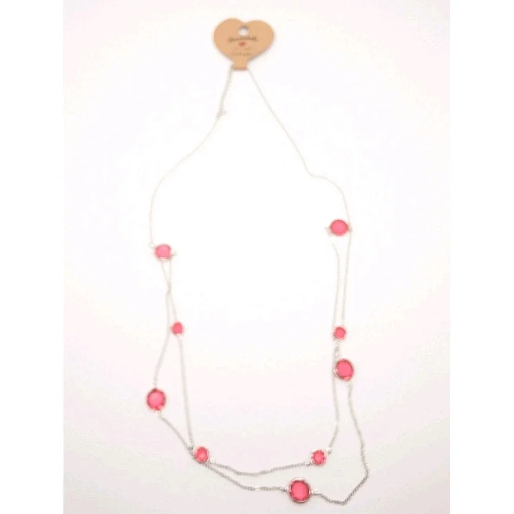 Handmade Pink Crystal‎ Station Necklace Silver Tone Layered Fashion Jewelry